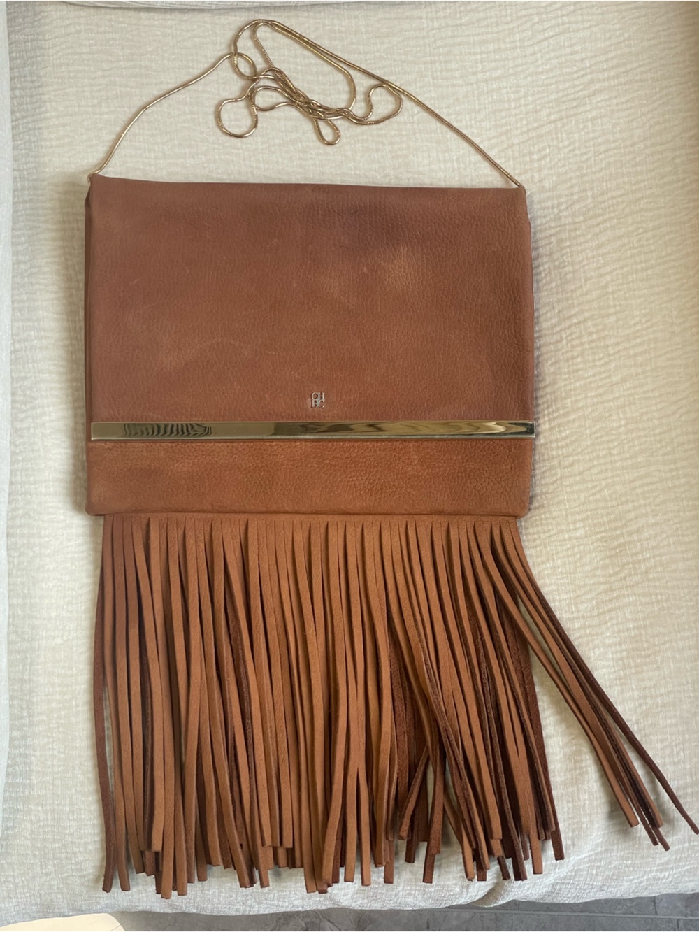 Carolina Herrera Limited Maysa Bag Tan Suede Fringe Crossbody Clutch with Gold A